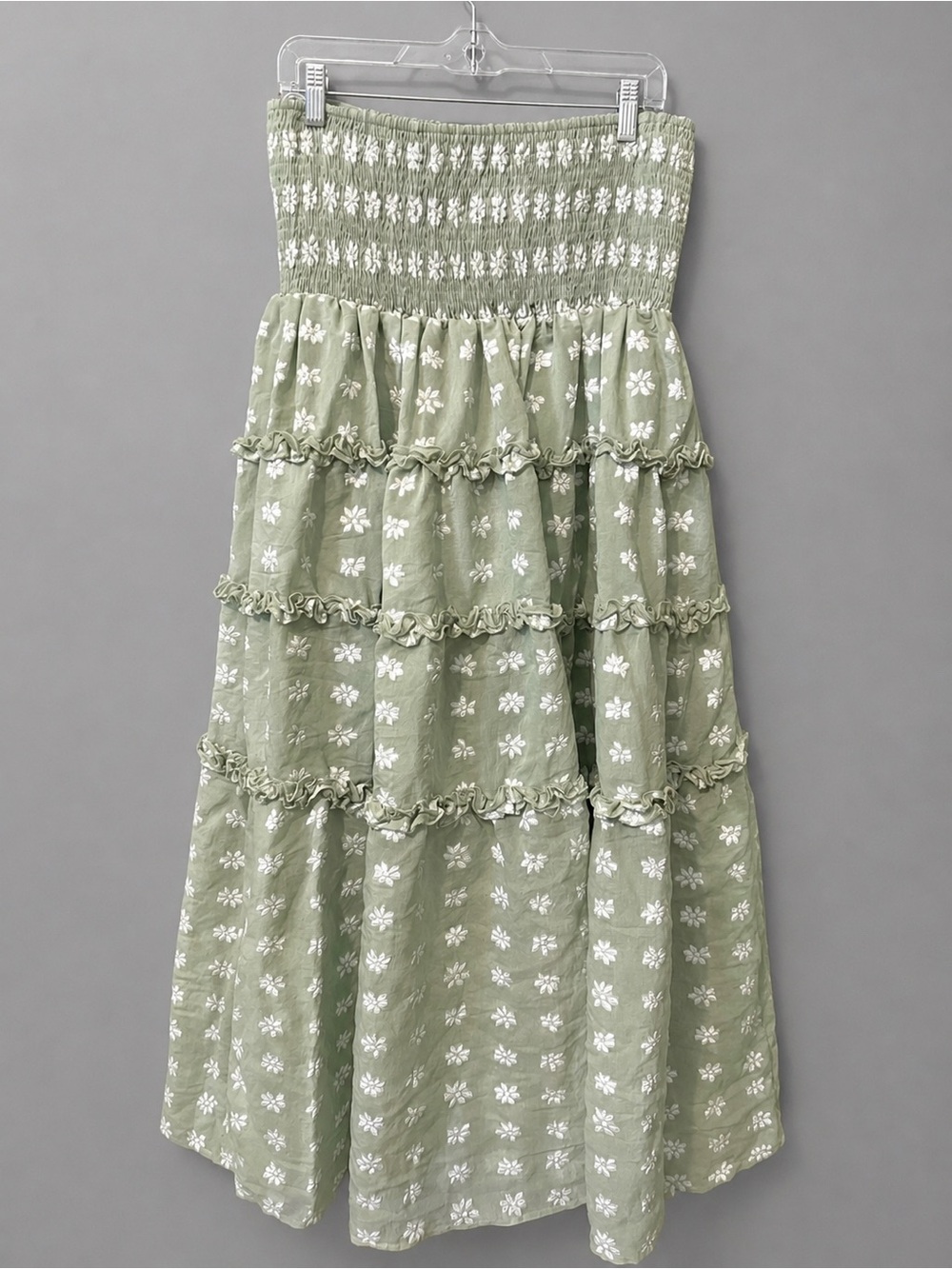 Beautiful Sentiments Sage Floral Strapless Tiered Midi Dress